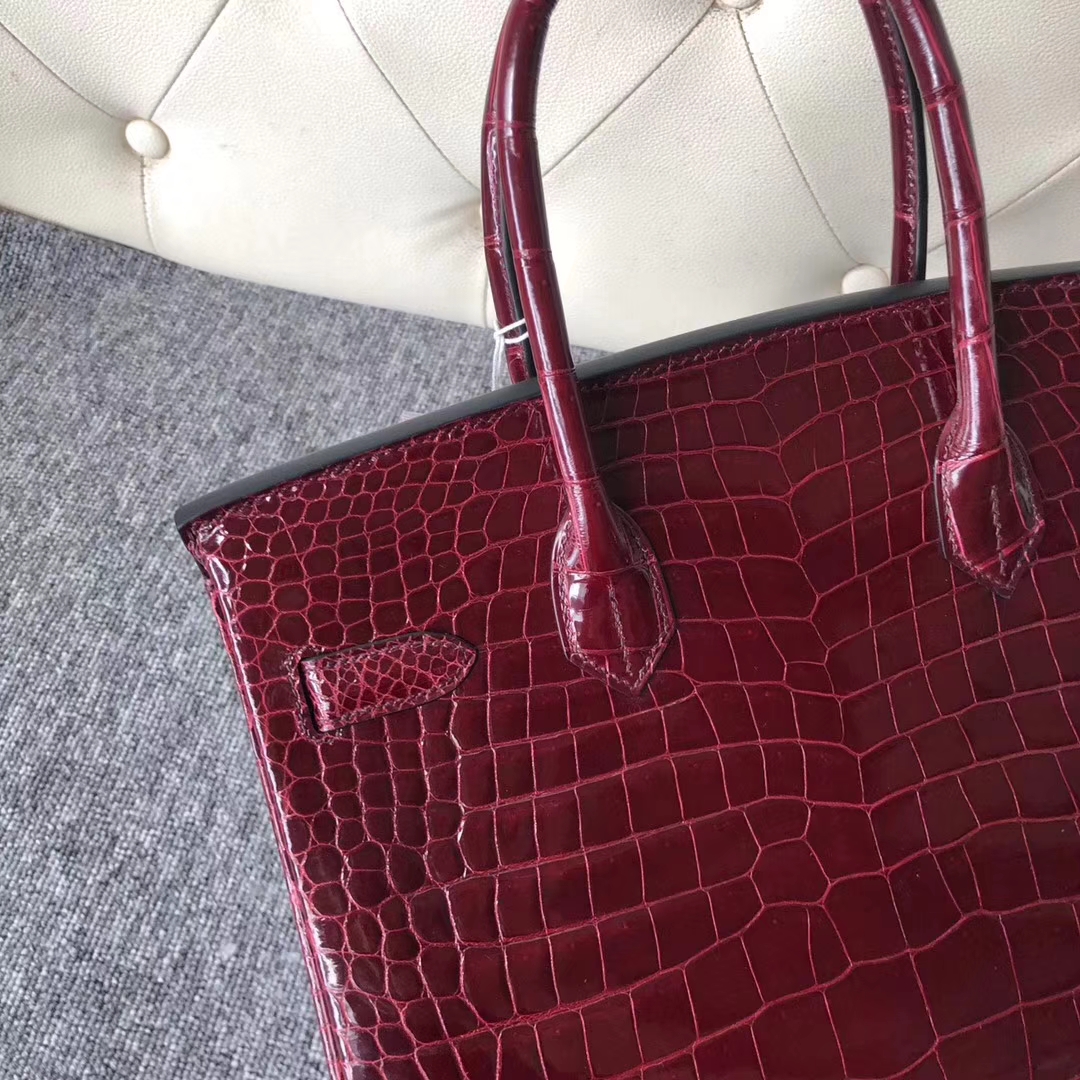 Customize Hermes F5 Rouge Bourgogne Shiny Crocodile Birkin30cm Bag Gold Hardware