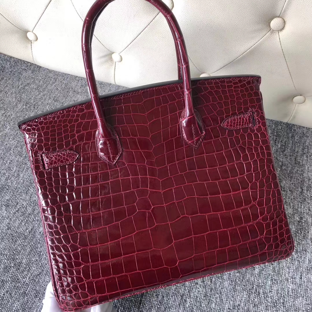 Customize Hermes F5 Rouge Bourgogne Shiny Crocodile Birkin30cm Bag Gold Hardware