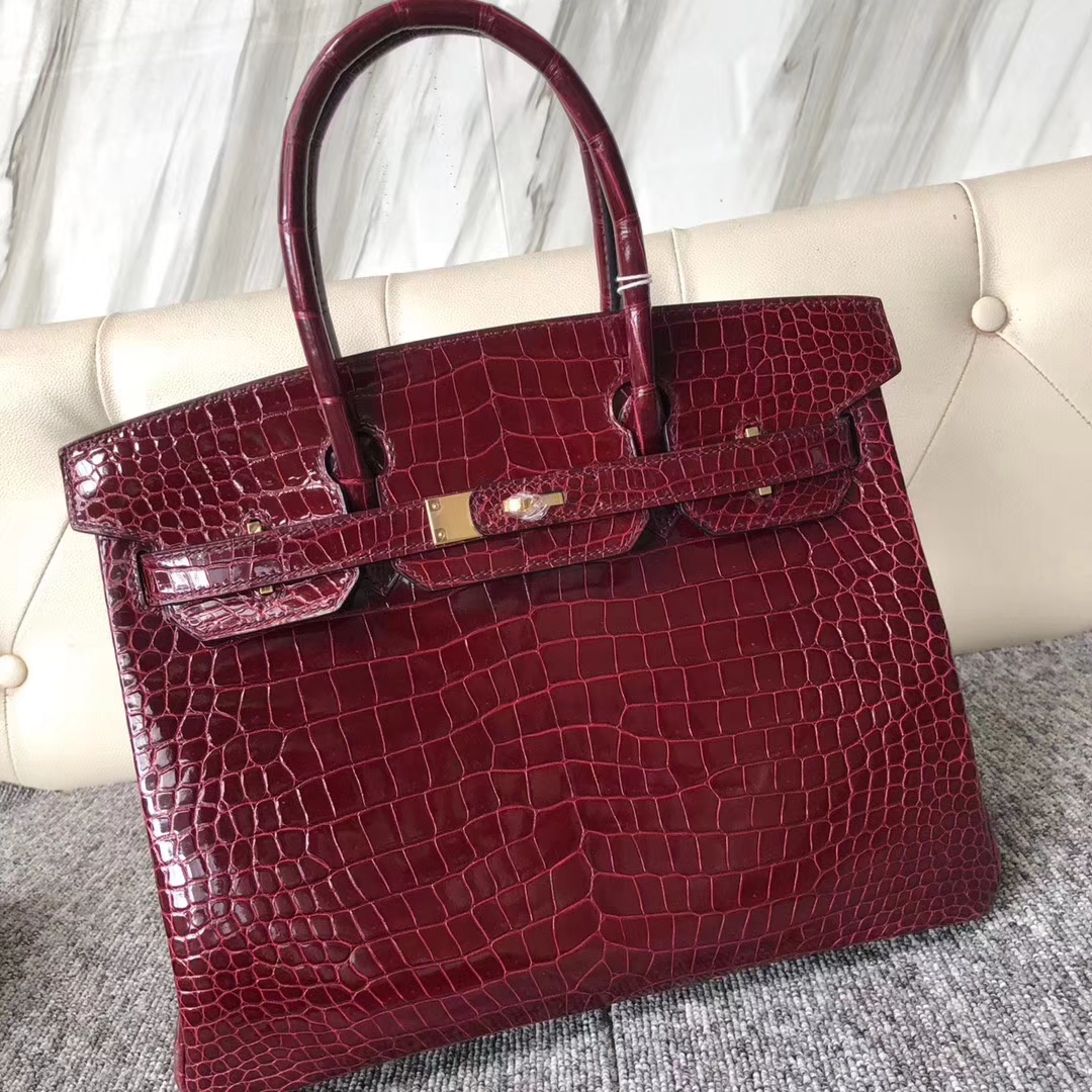 Customize Hermes F5 Rouge Bourgogne Shiny Crocodile Birkin30cm Bag Gold Hardware