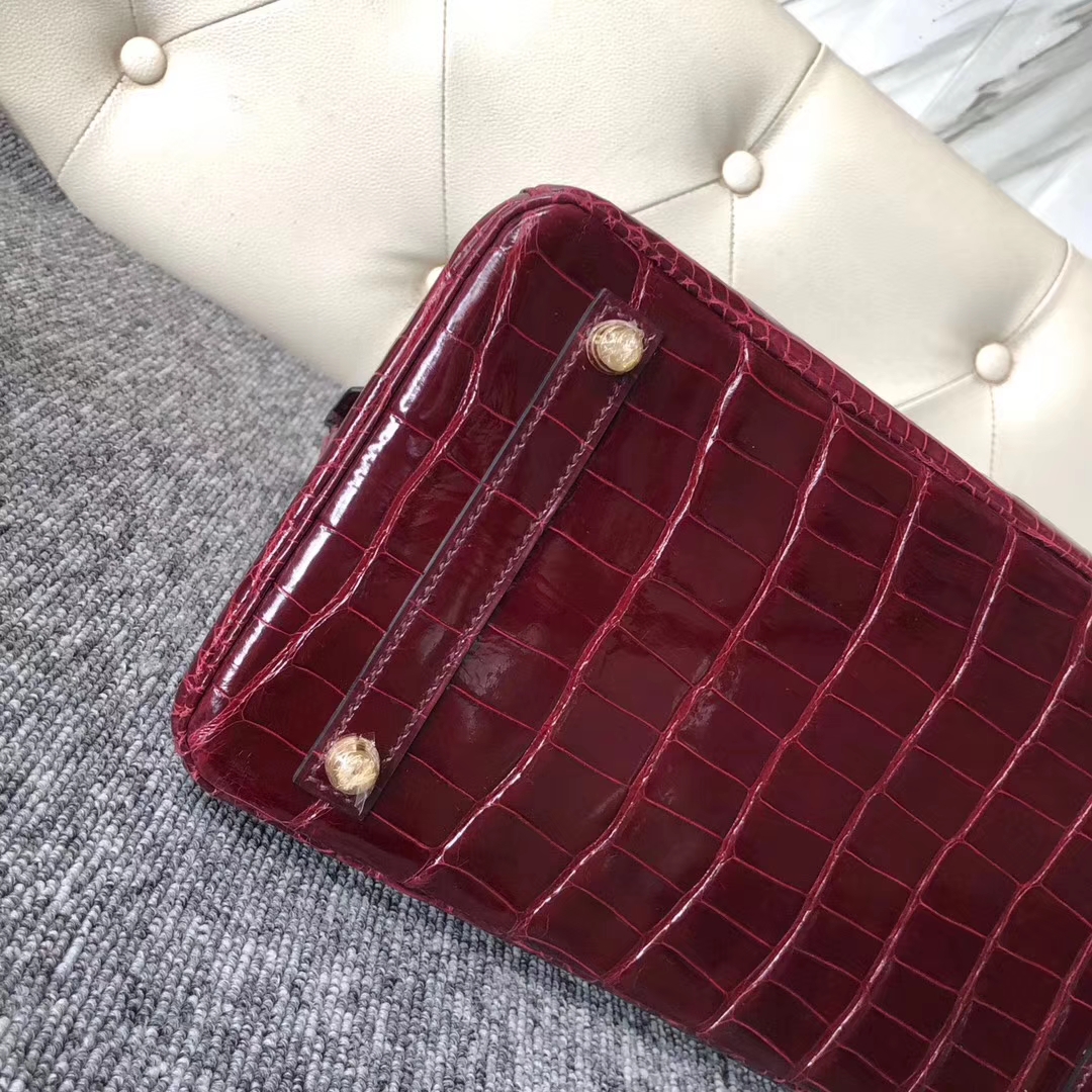 Customize Hermes F5 Rouge Bourgogne Shiny Crocodile Birkin30cm Bag Gold Hardware