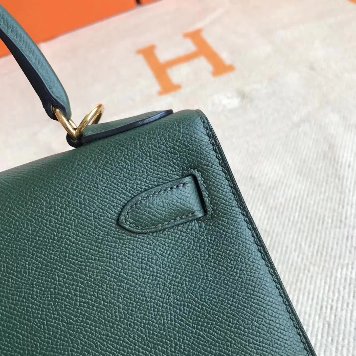 Discount Hermes 2Q English Green Epsom Leather Kelly28cm Bag Women&#8217;s Handbag