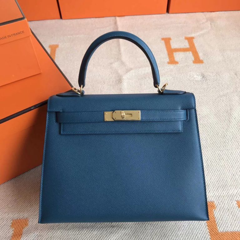Hermes 1P Duck Blue Epsom Calfskin Kelly Bag 28cm Gold Hardware