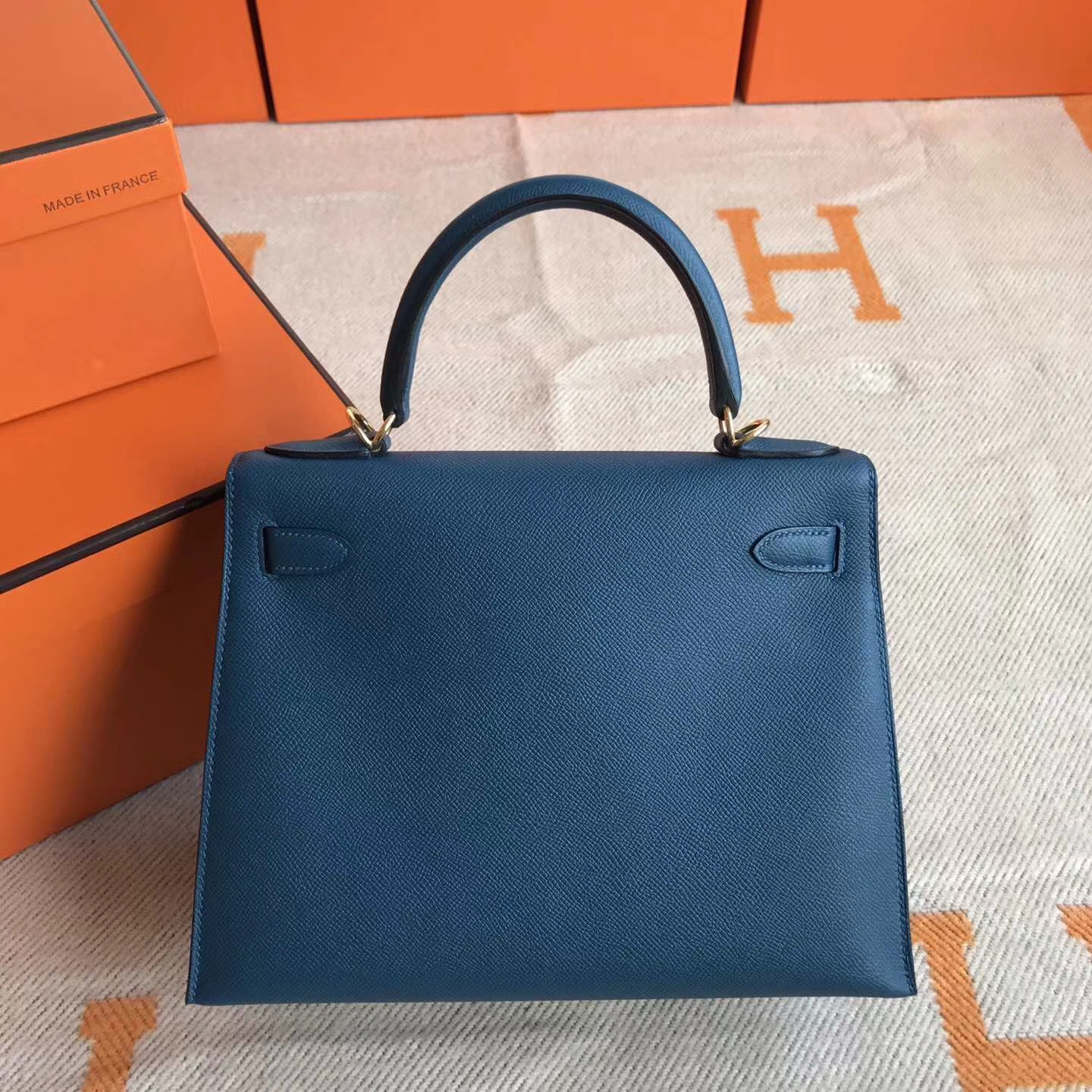 Wholesale Hermes 1P Duck Blue Epsom Calfskin Kelly Bag28cm Gold Hardware