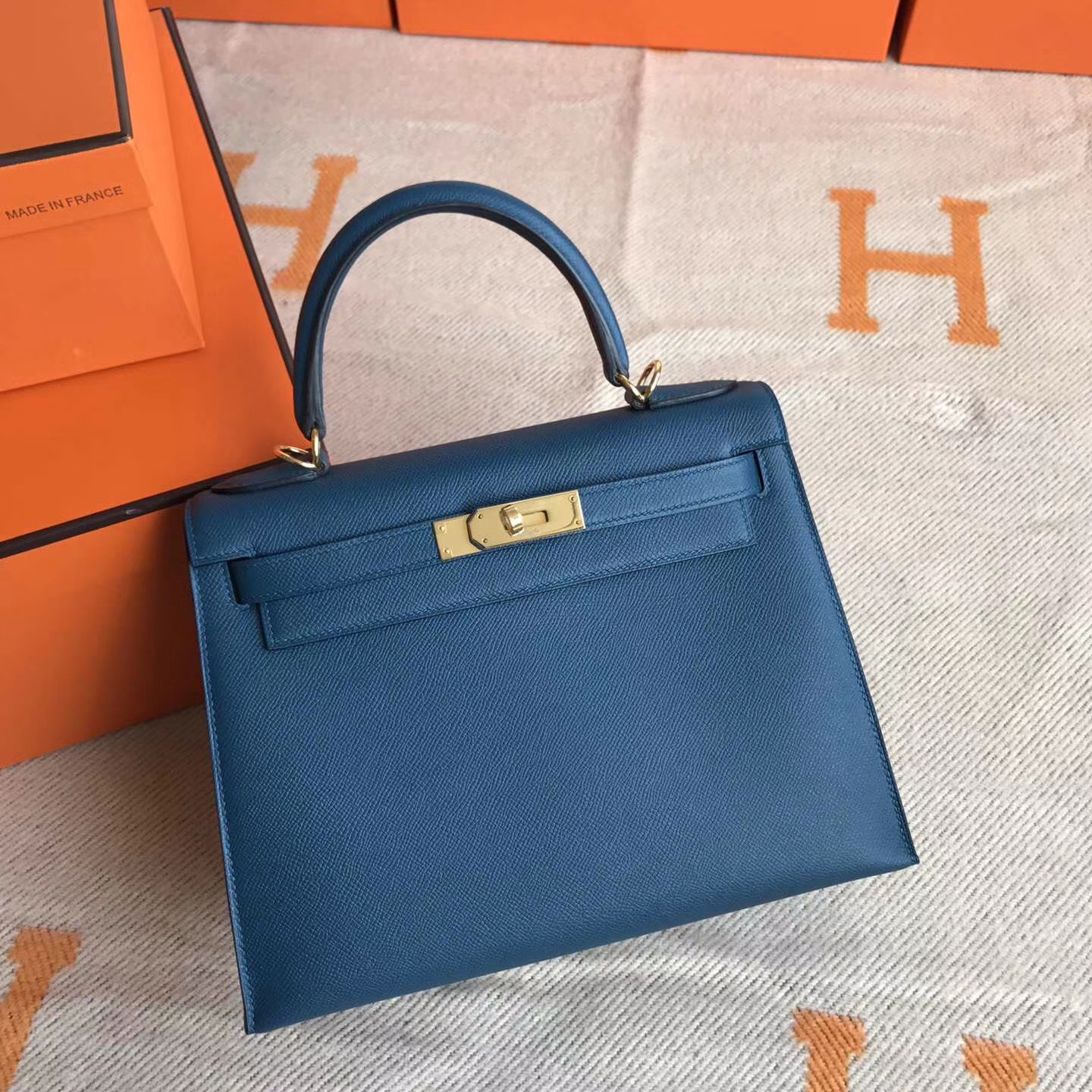 Wholesale Hermes 1P Duck Blue Epsom Calfskin Kelly Bag28cm Gold Hardware