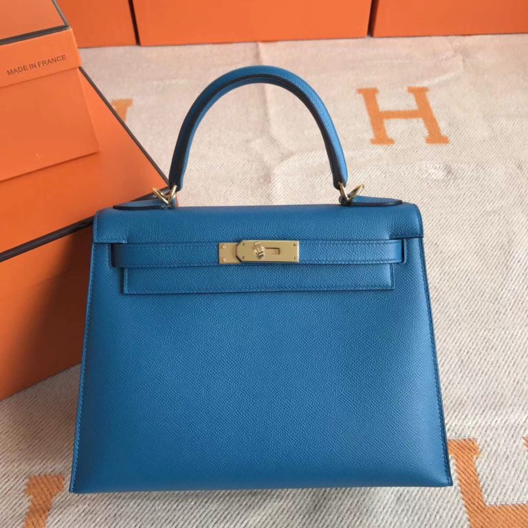 Hermes Kelly 28cm Bag in 7W Blue Izmir Epsom Leather Gold Hardware