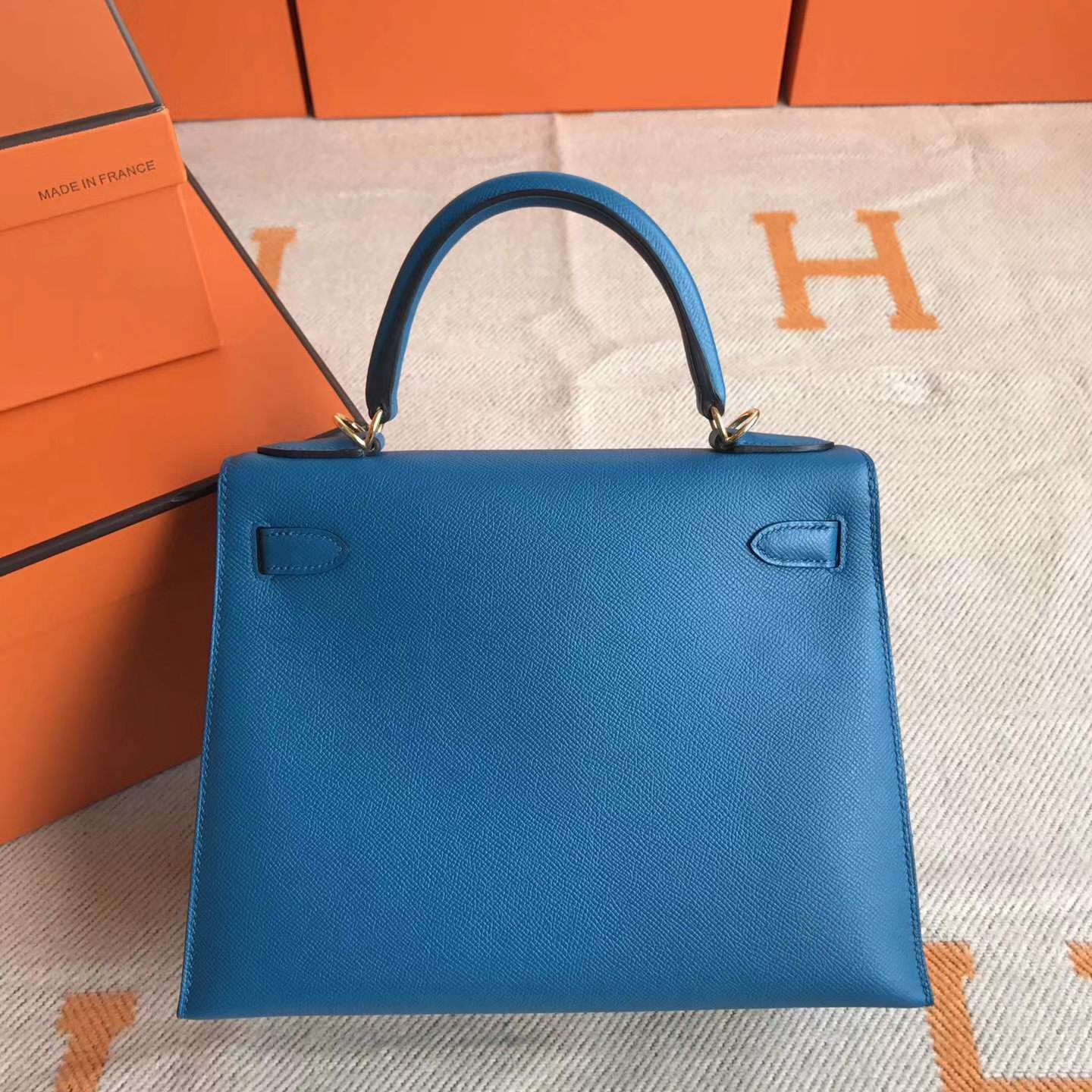 Cheap Hermes Kelly28cm Bag in 7W Blue Izmir Epsom Leather Gold Hardware