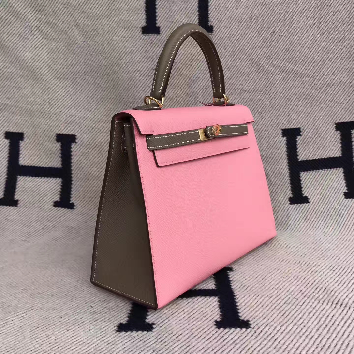 Hand Stitching Hermes Double-color Epsom Calfskin Sellier Kelly28cm Tote Bag