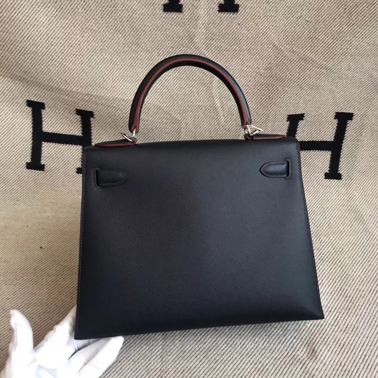 Discount Hermes CC67 Dark Blue Epsom Calfskin Kelly28CM Tote Bag