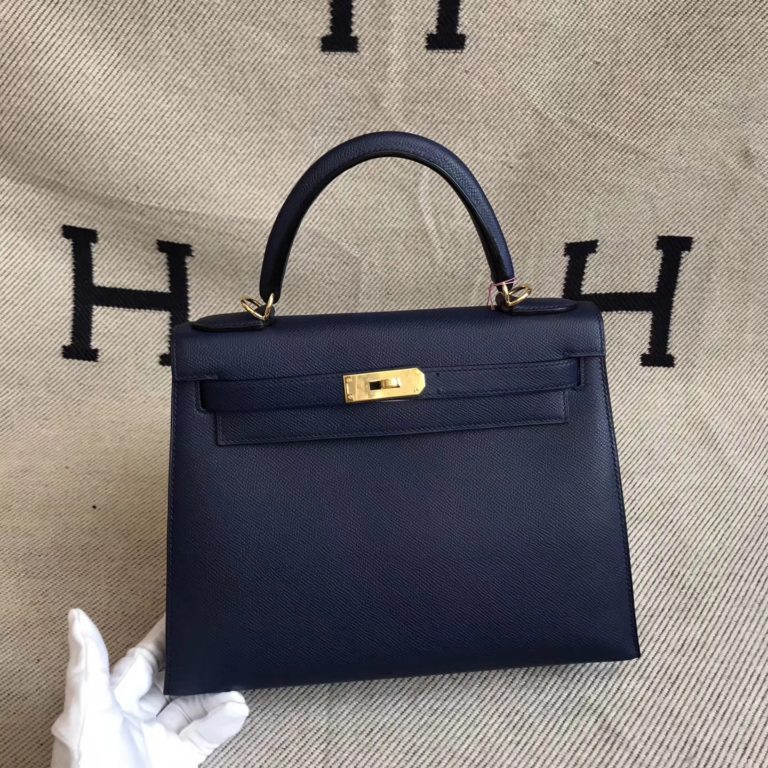 Hermes Epsom Leather Kelly Bag 28CM in 7K Dark Blue