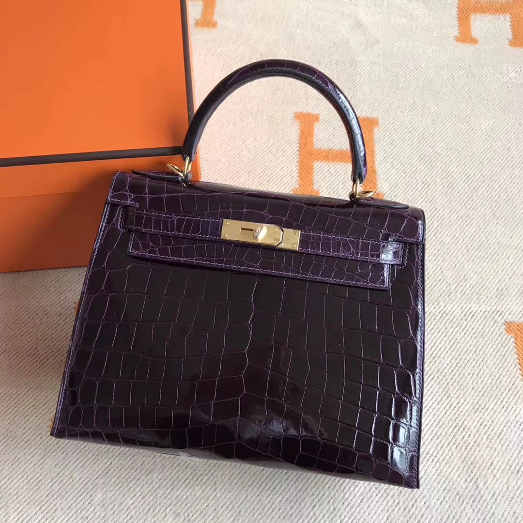 Luxury Hermes Crocodile Shiny Kelly28CM Bag in 9G Amethyst Purple