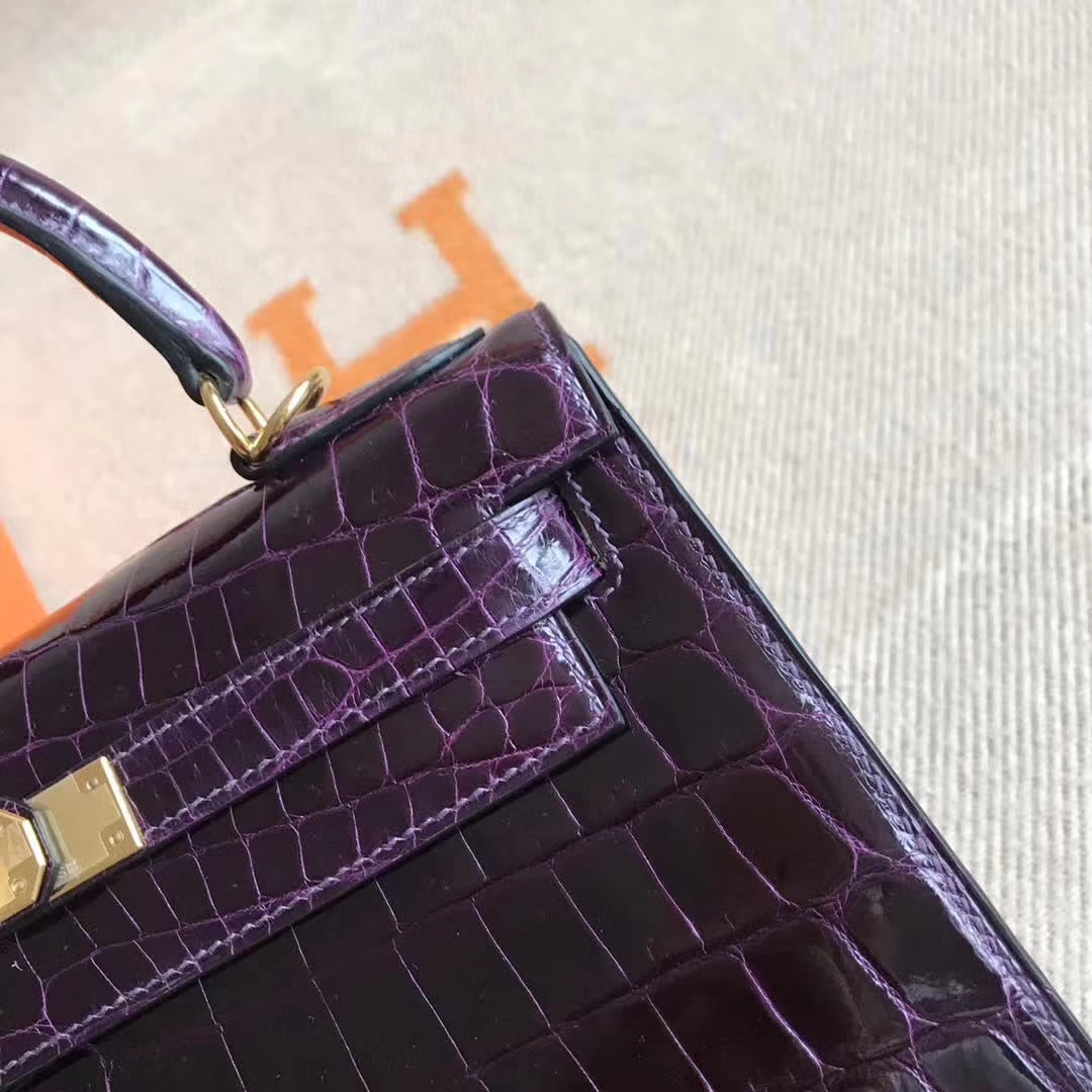 Luxury Hermes Crocodile Shiny Kelly28CM Bag in 9G Amethyst Purple
