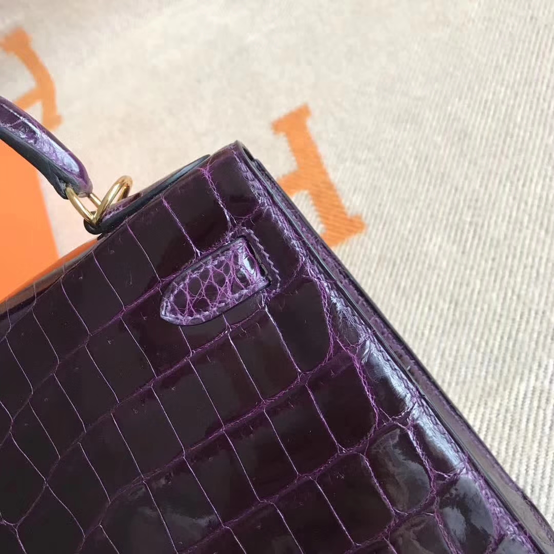 Luxury Hermes Crocodile Shiny Kelly28CM Bag in 9G Amethyst Purple