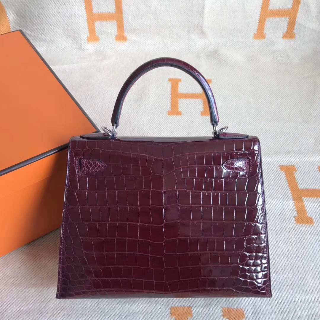 Elegant Hermes CK57 Bordeaux Crocodile Shiny Kelly Tote Bag28CM