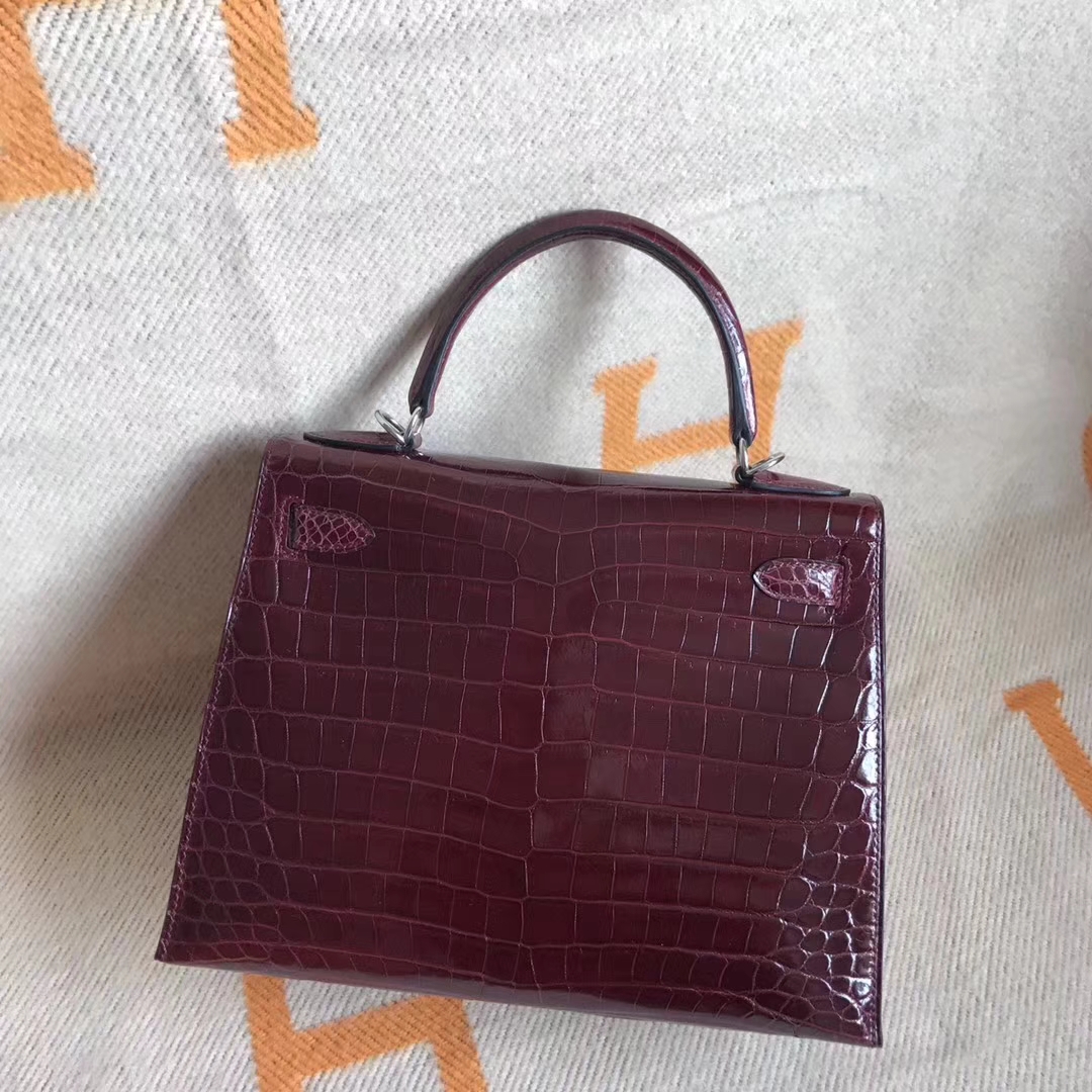 Elegant Hermes CK57 Bordeaux Crocodile Shiny Kelly Tote Bag28CM