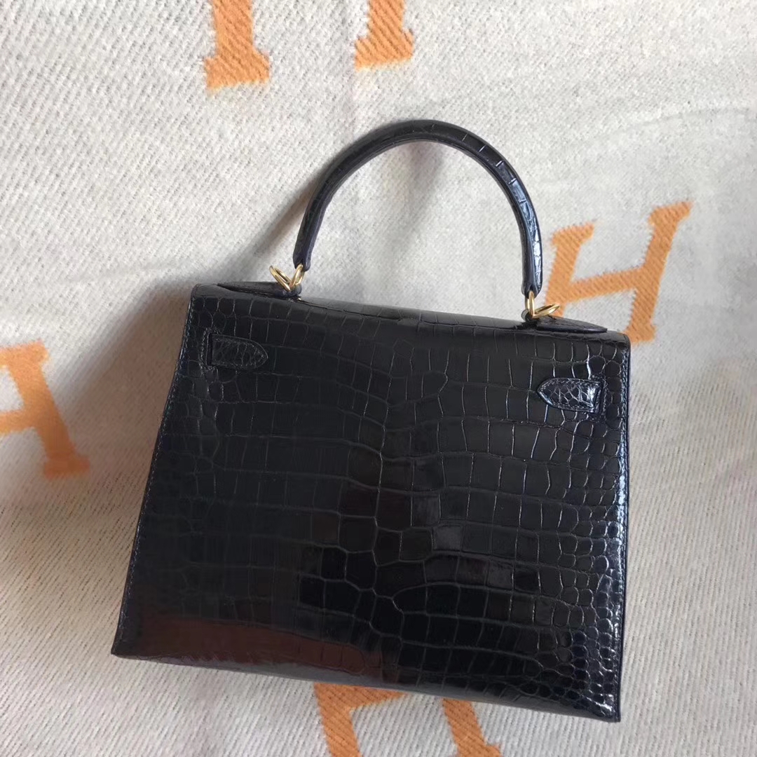 Noble Hermes Crocodile Shiny Kelly28CM Bag in CK89 Black Gold Hardware