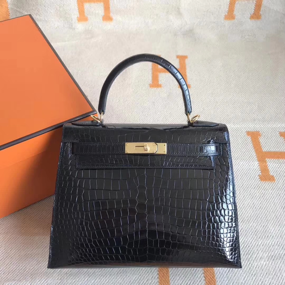 Noble Hermes Crocodile Shiny Kelly28CM Bag in CK89 Black Gold Hardware