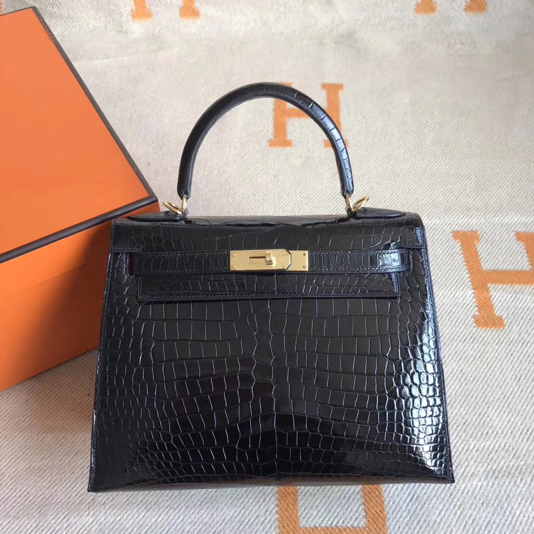 Noble Hermes Crocodile Shiny Kelly28CM Bag in CK89 Black Gold Hardware