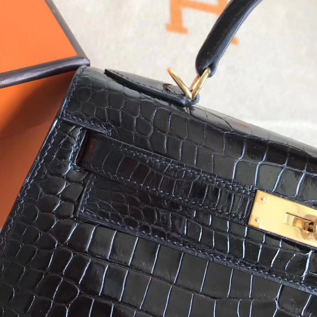 Noble Hermes Crocodile Shiny Kelly28CM Bag in CK89 Black Gold Hardware