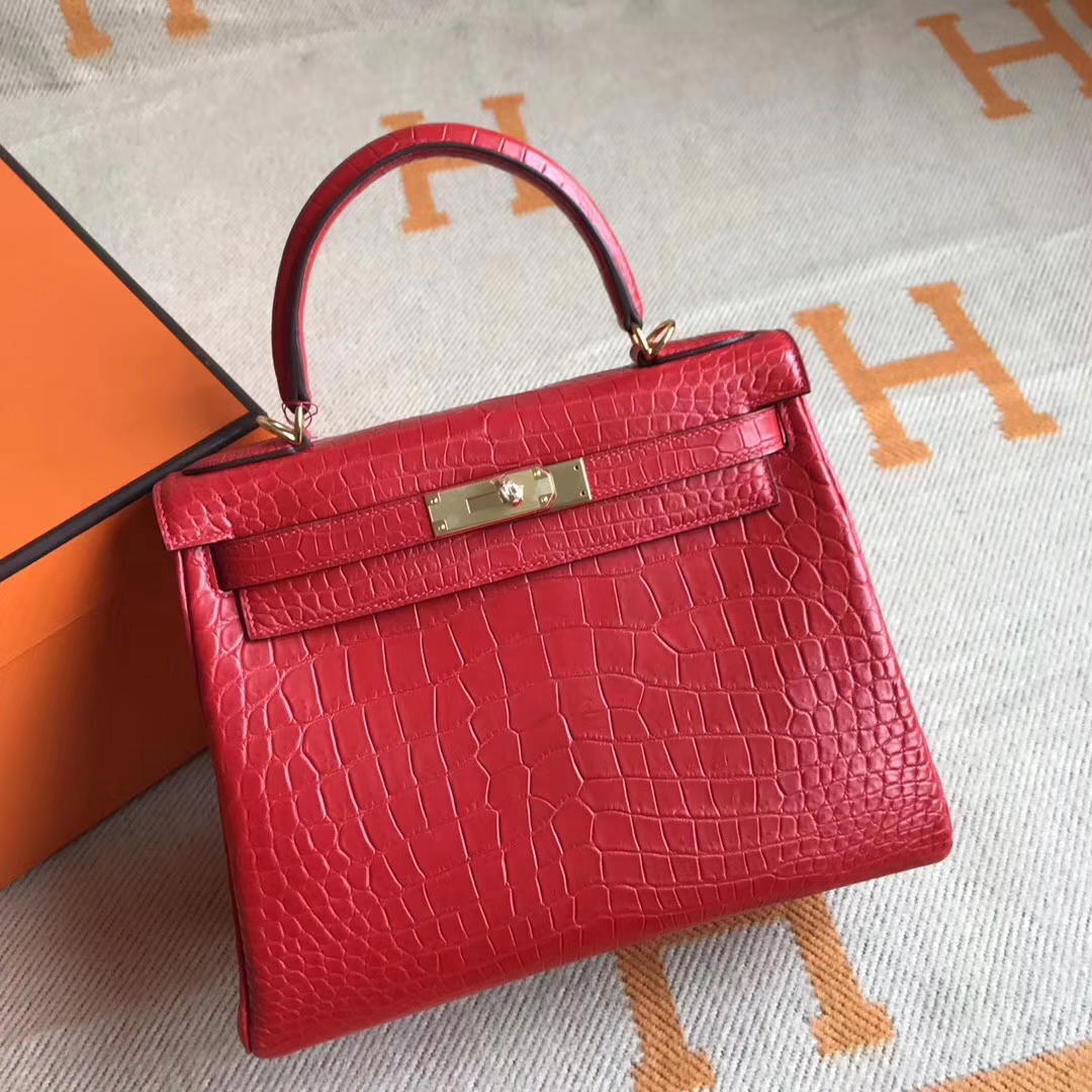 Hot Sale Hermes Rouge Casaque Crocodile Matt Leather Kelly Bag28CM