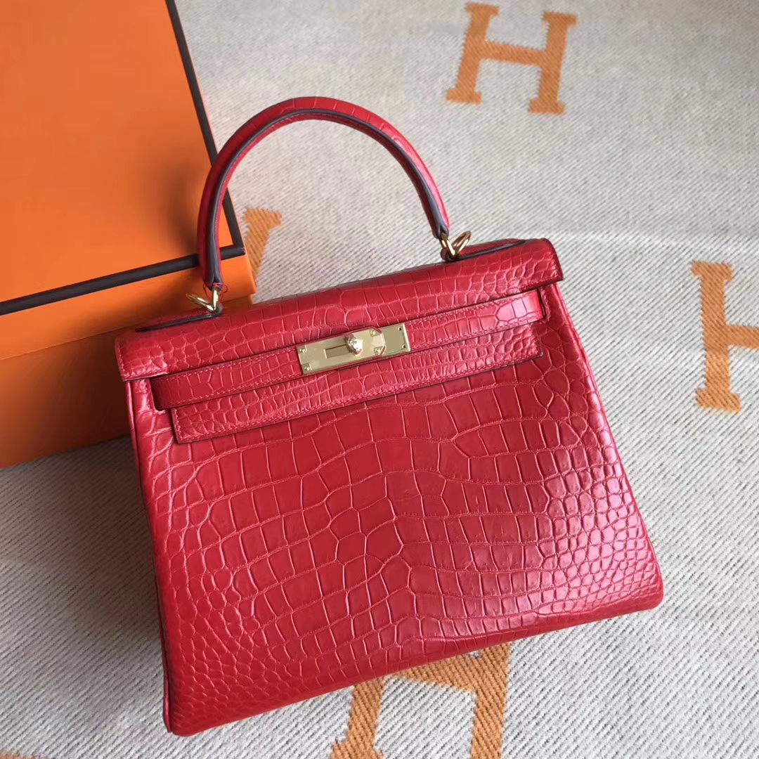 Hot Sale Hermes Rouge Casaque Crocodile Matt Leather Kelly Bag28CM