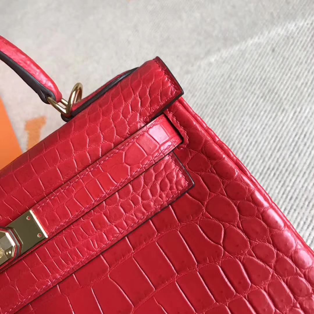 Hot Sale Hermes Rouge Casaque Crocodile Matt Leather Kelly Bag28CM