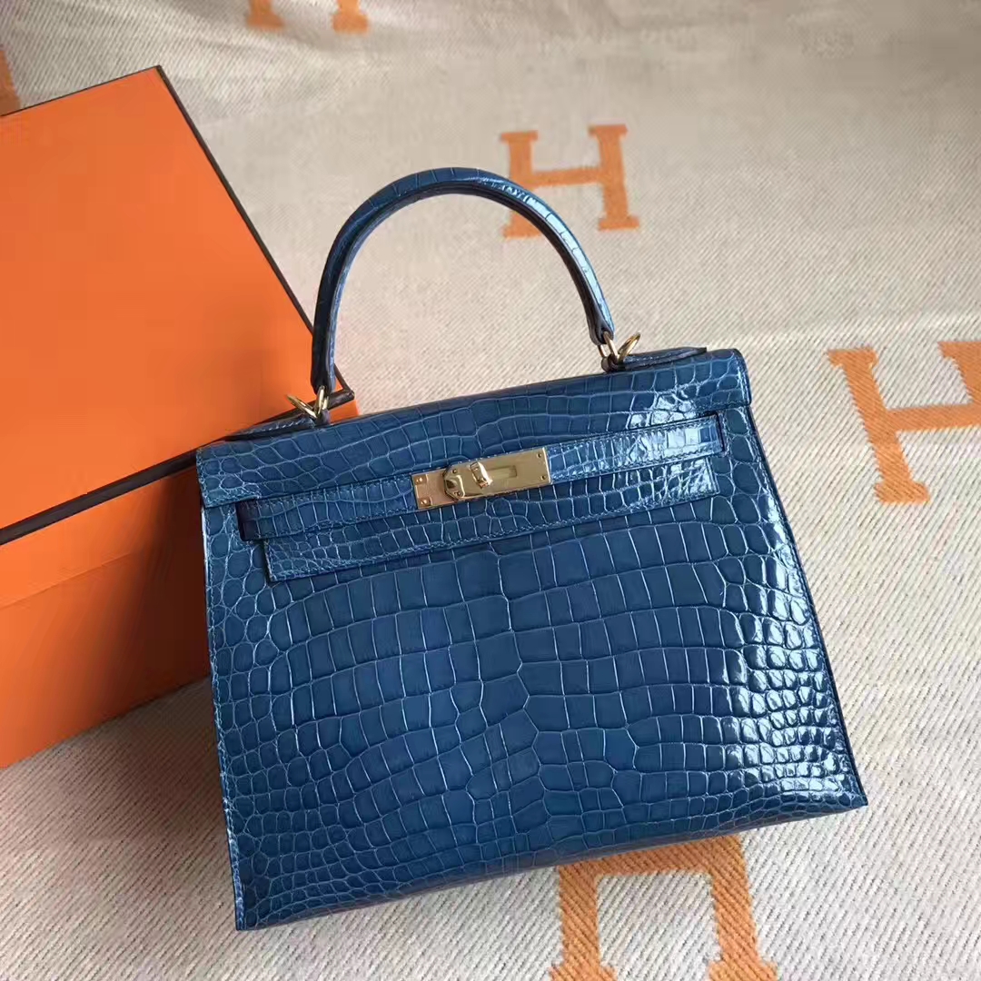 Wholesale Hermes 1P Dark Blue Crocodile Shiny Leather Kelly Bag28CM