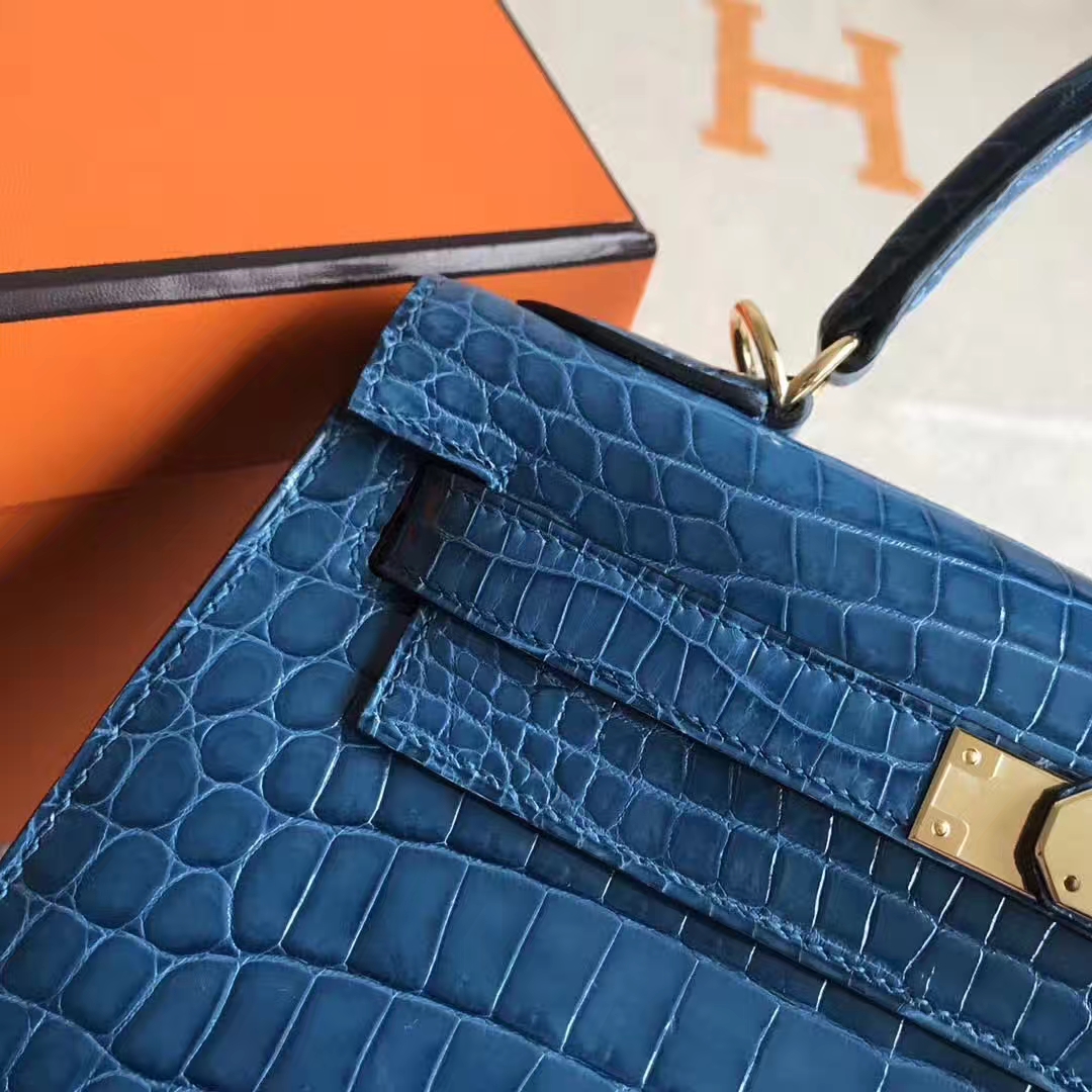 Wholesale Hermes 1P Dark Blue Crocodile Shiny Leather Kelly Bag28CM