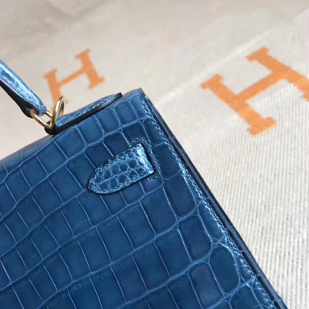 Wholesale Hermes 1P Dark Blue Crocodile Shiny Leather Kelly Bag28CM