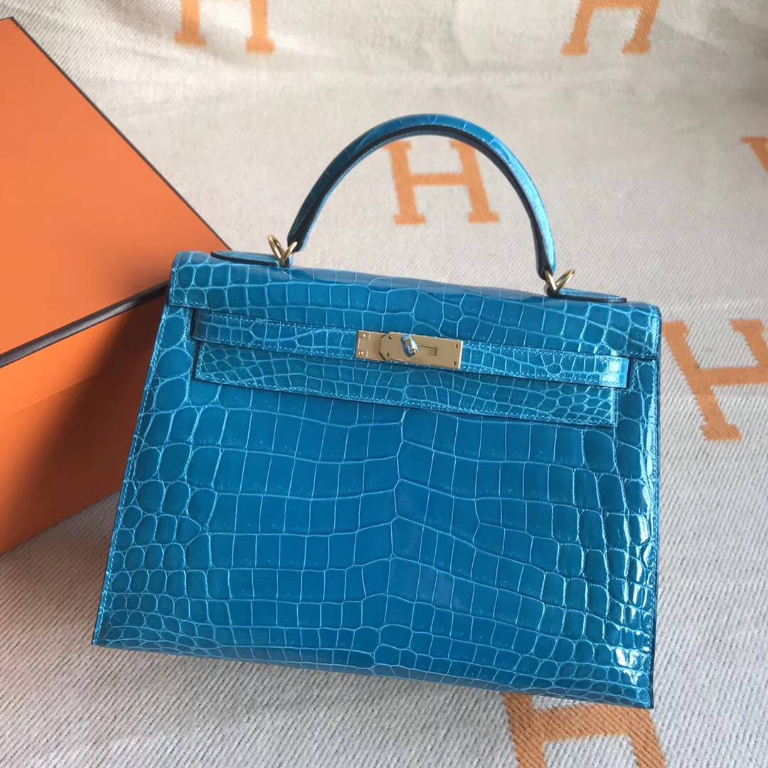 Elegant Hermes 7W Blue Izmir Crocodile Shiny Leather Kelly28CM Handbag