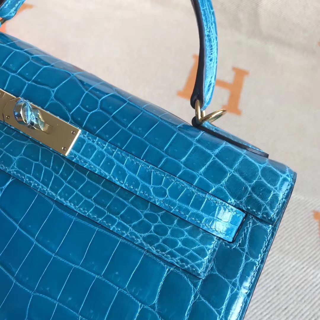 Elegant Hermes 7W Blue Izmir Crocodile Shiny Leather Kelly28CM Handbag
