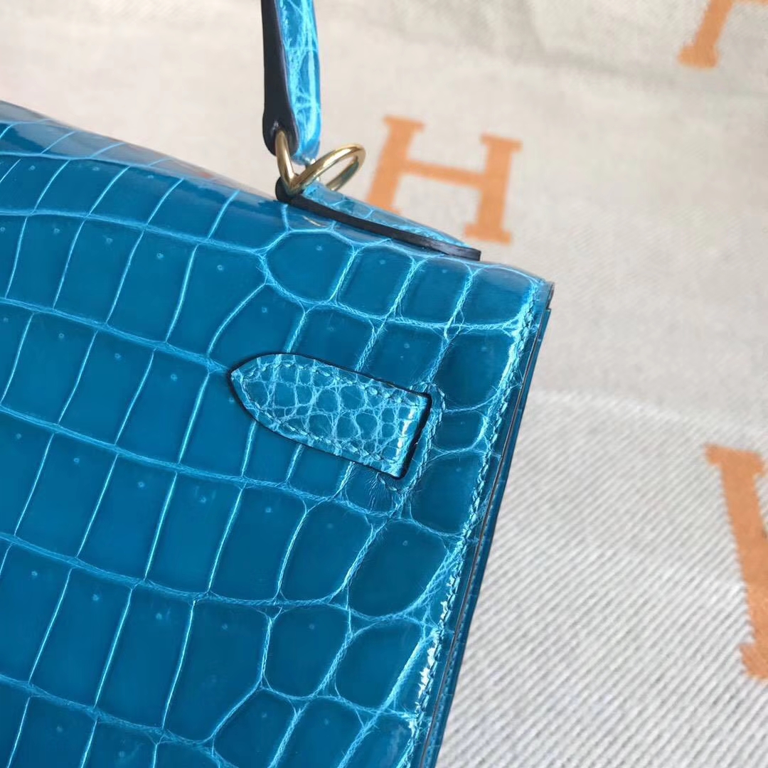 Elegant Hermes 7W Blue Izmir Crocodile Shiny Leather Kelly28CM Handbag