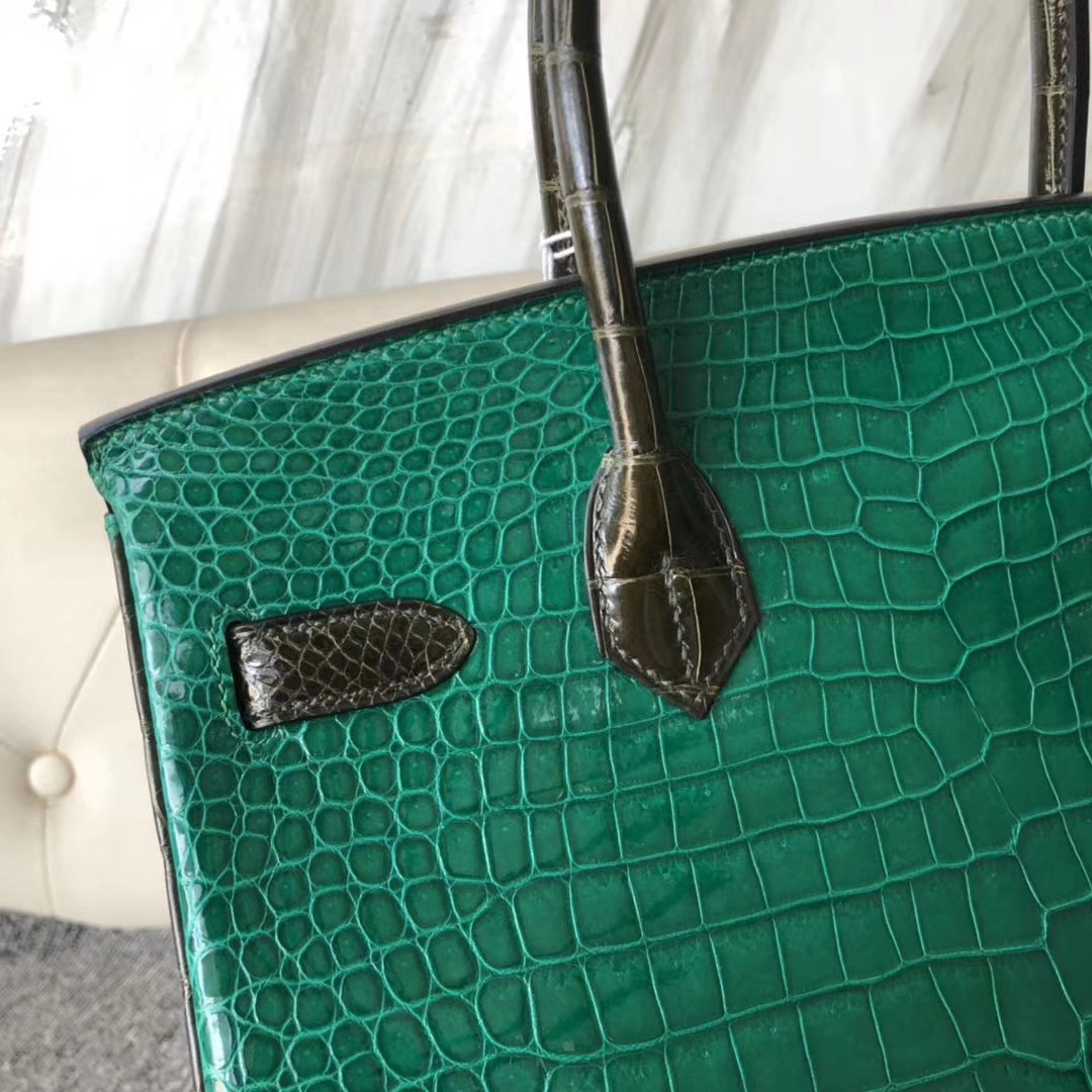 New Hermes Shiny Crocodile Birkin30cm Bag 6Q Vert Emerald/6H Vert Olive Gold Hardware