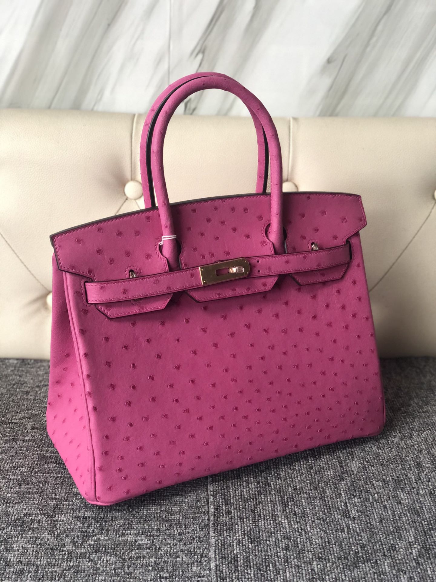 Fashion Hermes E5 Hot Pink KK Ostrich Birkin Bag30cm Gold Hardware