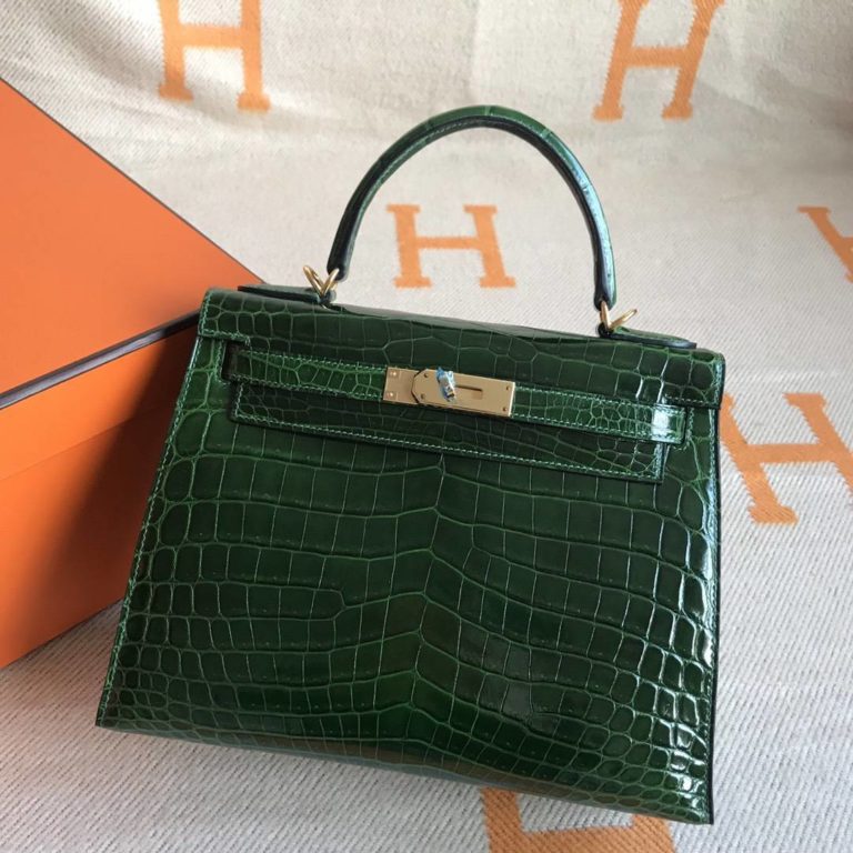 Hermes Crocodile Shiny Leather Kelly Bag 28CM in CK67 Vert Fonce