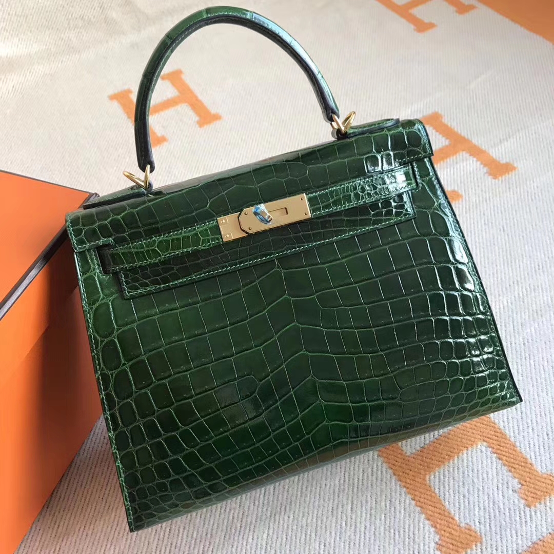 Discount Hermes Crocodile Shiny Leather Kelly Bag28CM in CK67 Vert Fonce