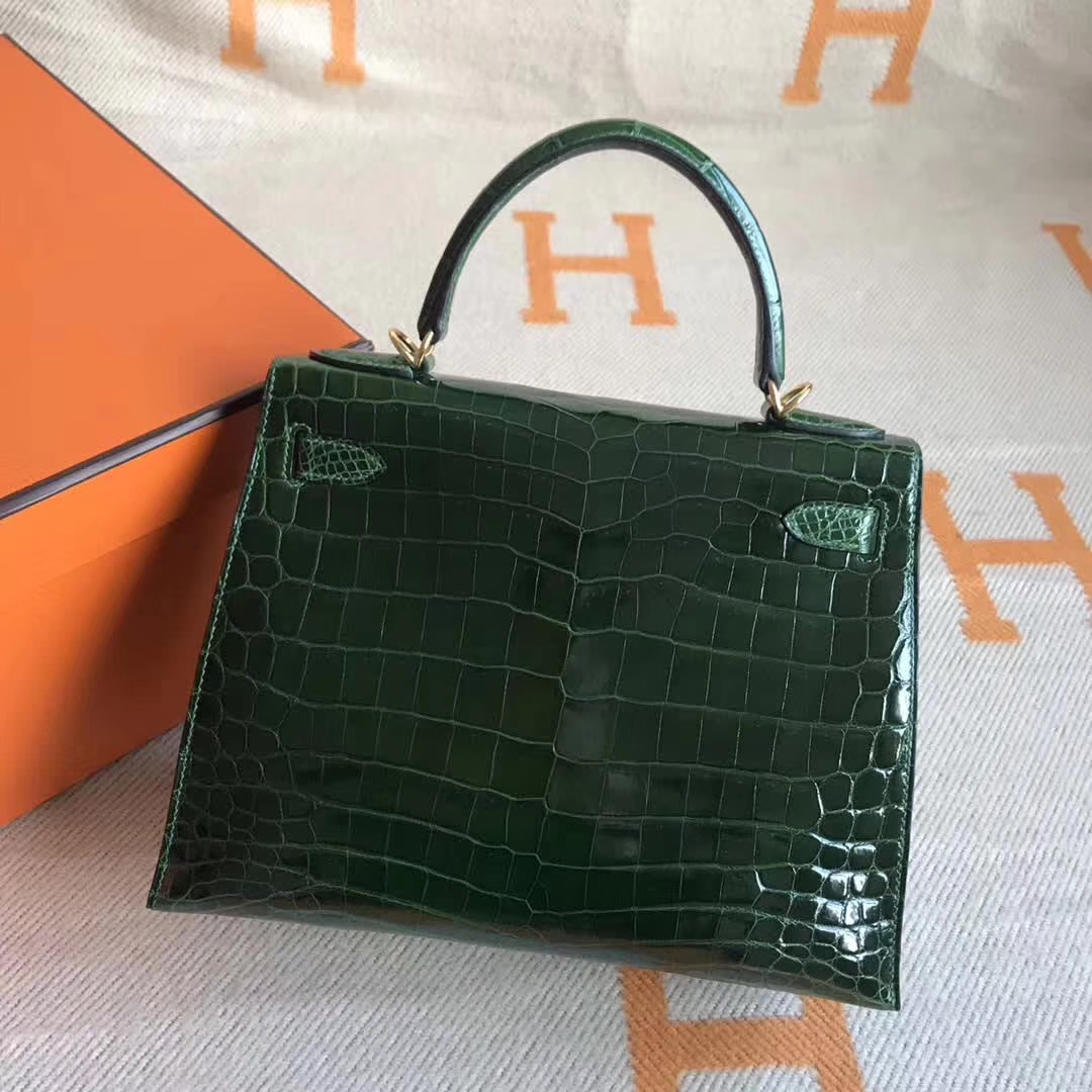 Discount Hermes Crocodile Shiny Leather Kelly Bag28CM in CK67 Vert Fonce