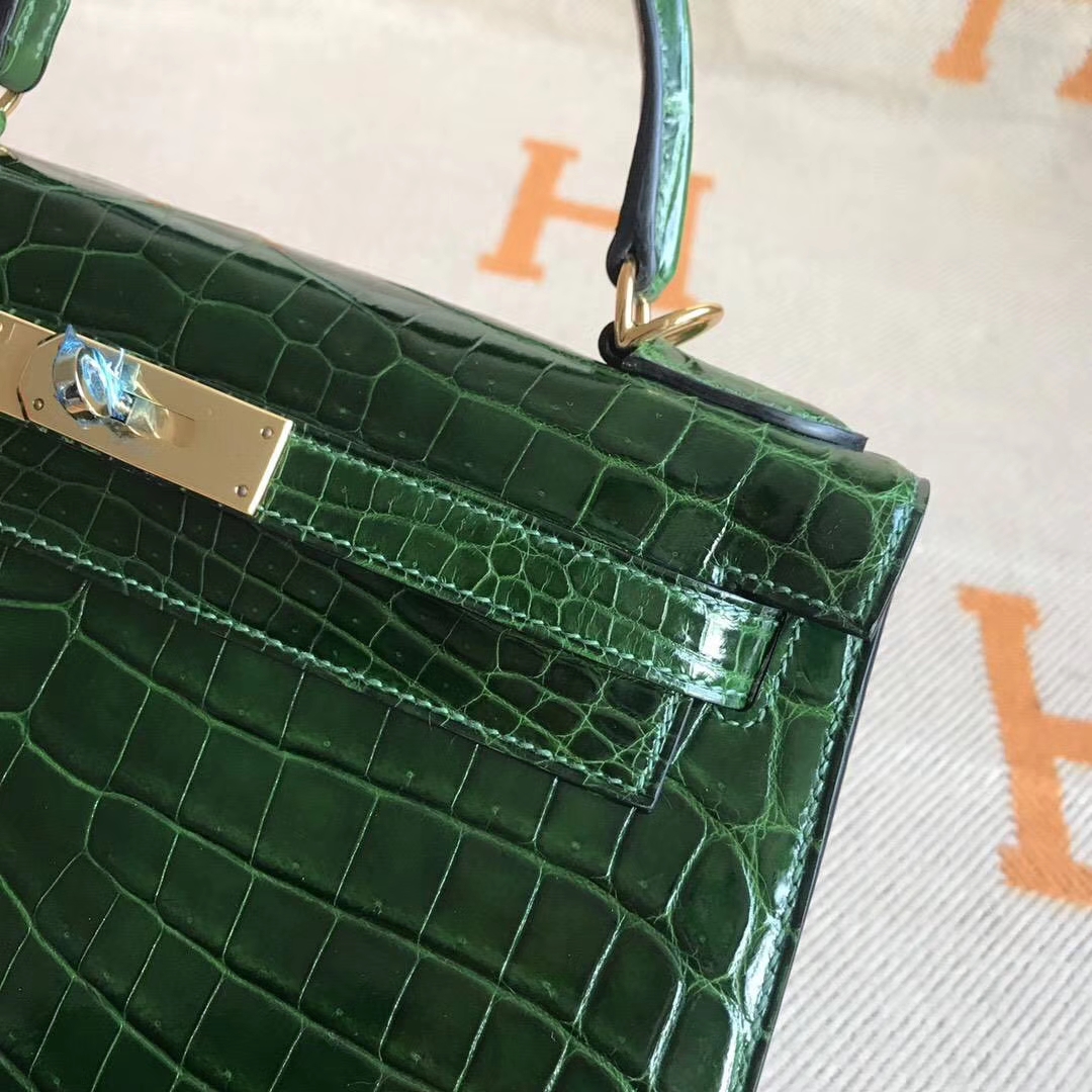 Discount Hermes Crocodile Shiny Leather Kelly Bag28CM in CK67 Vert Fonce