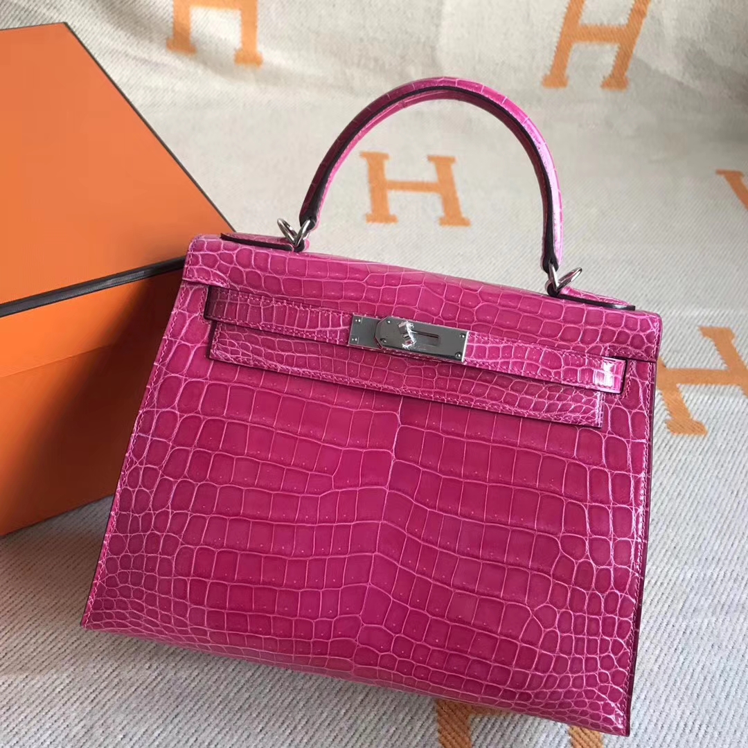 On Sale Hermes 5J Peach Pink Crocodile Shiny Leather Kelly28CM Bag Silver Hardware