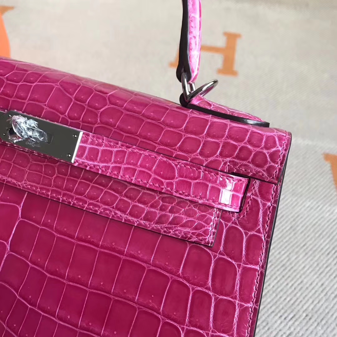 On Sale Hermes 5J Peach Pink Crocodile Shiny Leather Kelly28CM Bag Silver Hardware