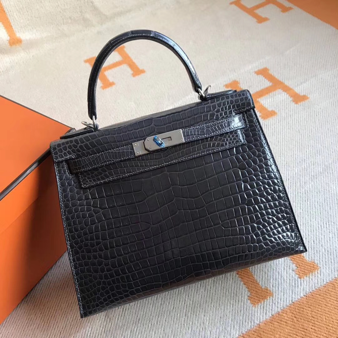 Wholesale Hermes Crocodile Shiny Leather Kelly28CM Bag in CK88 Graphite Grey