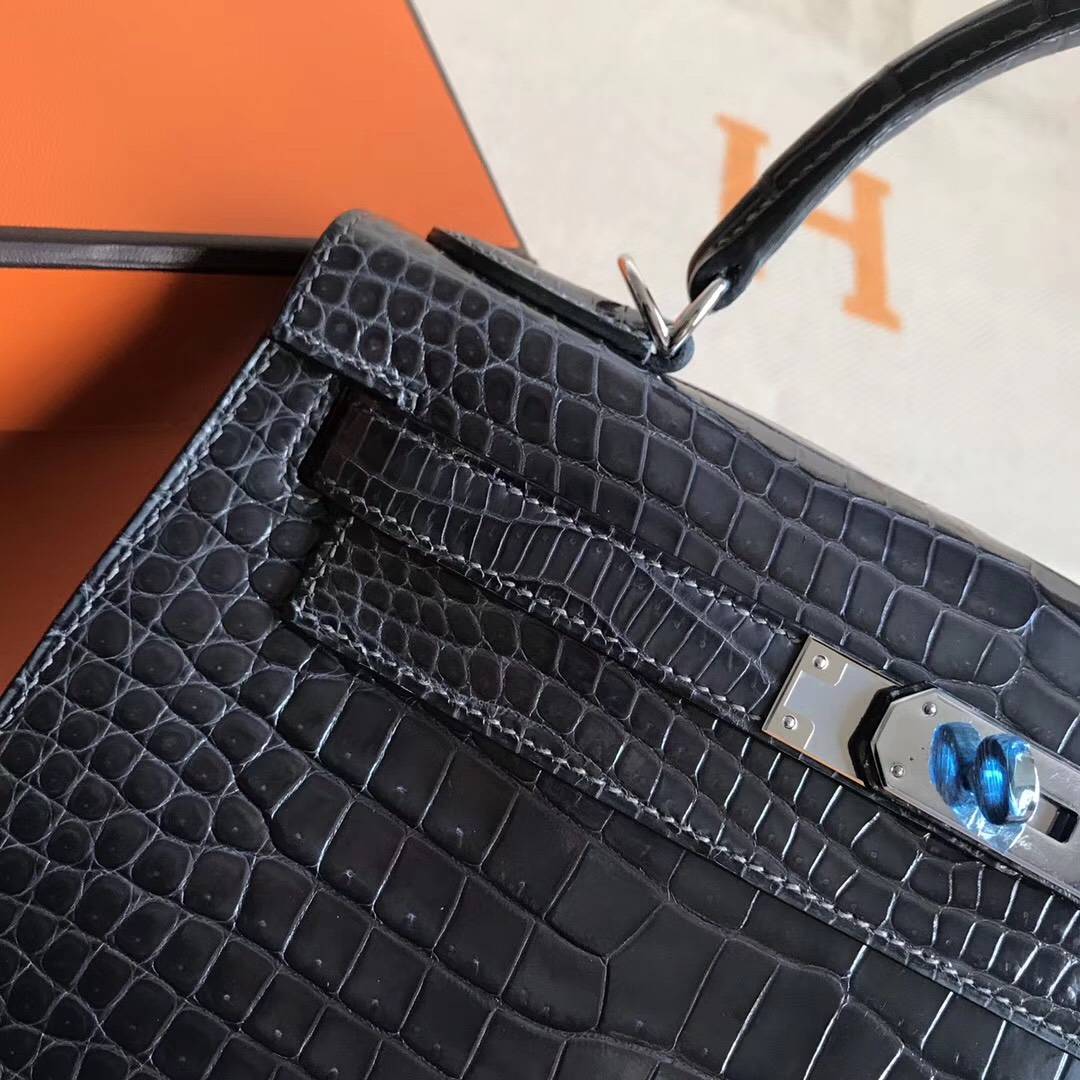 Wholesale Hermes Crocodile Shiny Leather Kelly28CM Bag in CK88 Graphite Grey