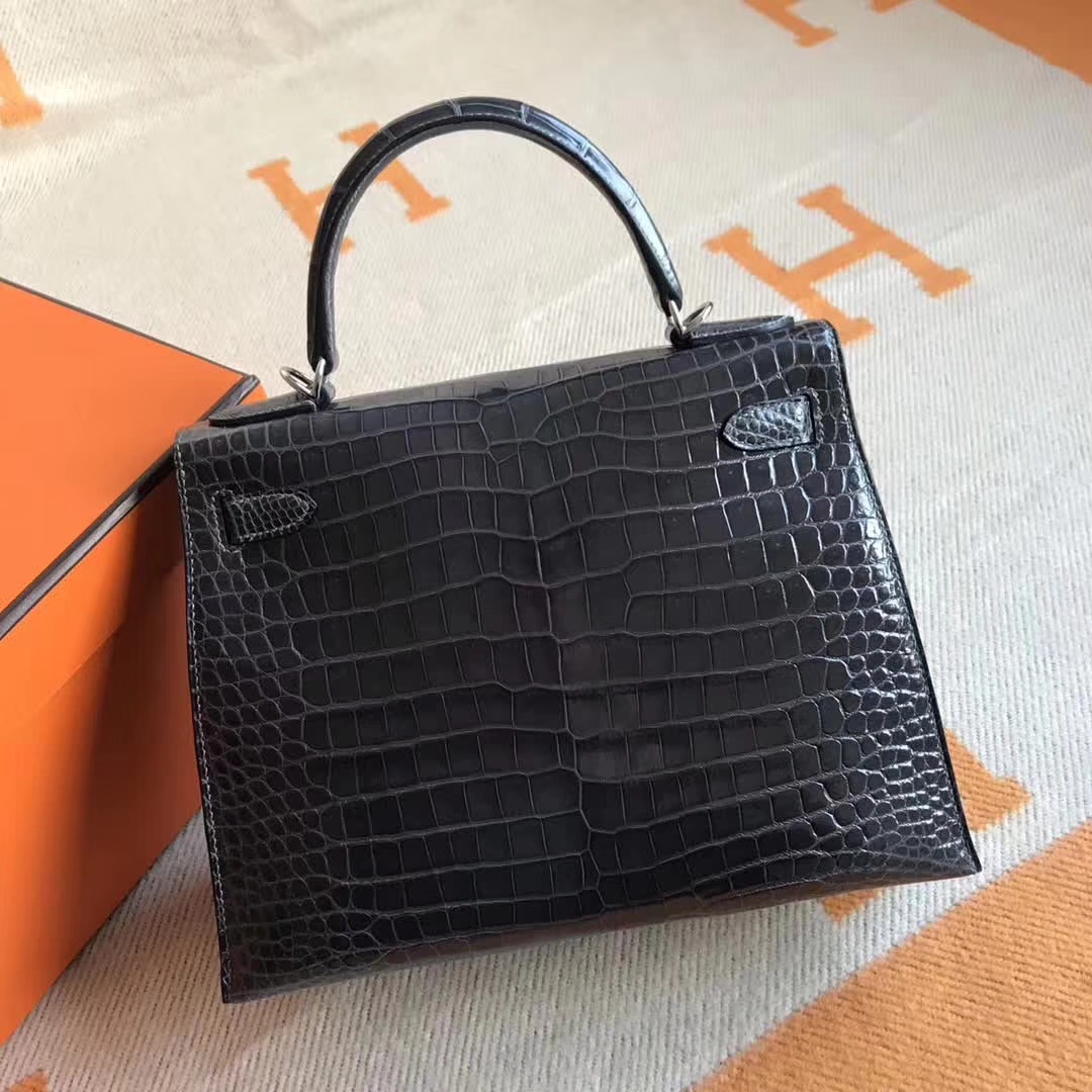 Wholesale Hermes Crocodile Shiny Leather Kelly28CM Bag in CK88 Graphite Grey