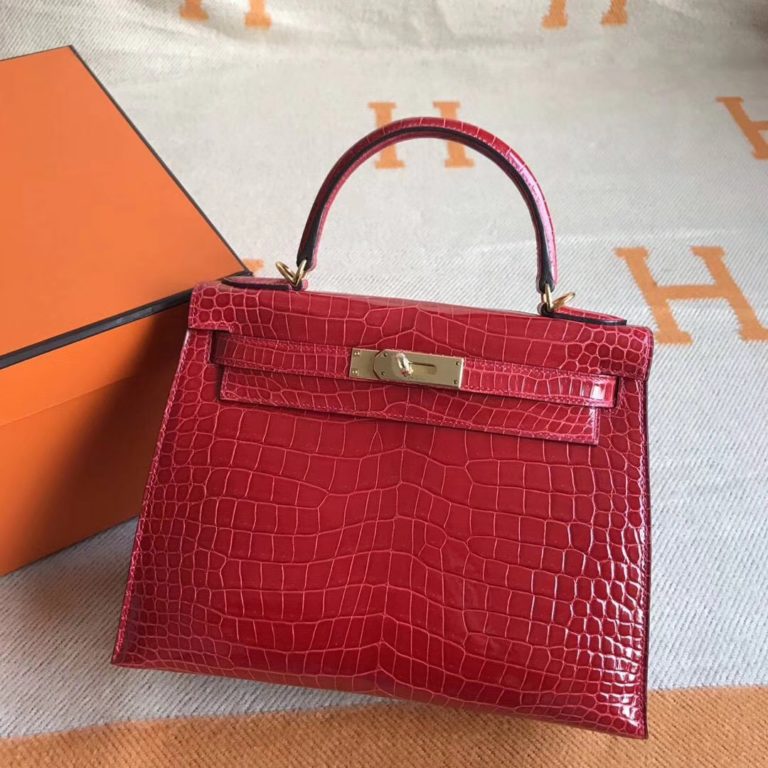 Hermes Q5 Rouge Casaque Crocodile Shiny Kelly Bag 28CM Gold Hardware