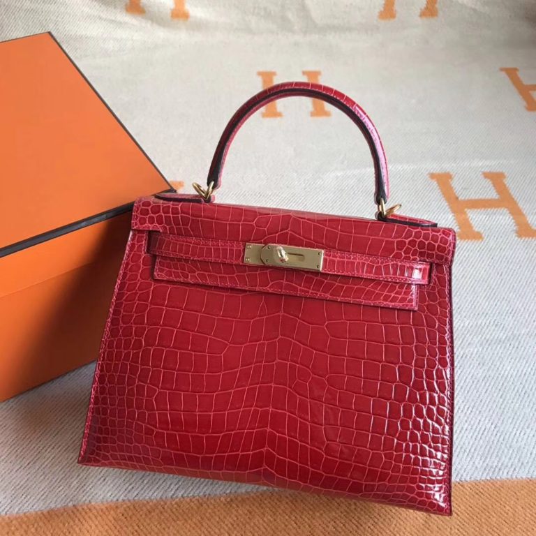 Hermes Q5 Rouge Casaque Crocodile Shiny Kelly Bag 28CM Gold Hardware