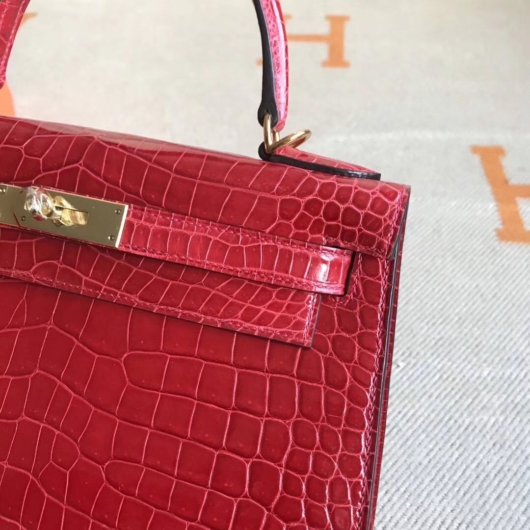 Fashion Hermes Q5 Rouge Casaque Crocodile Shiny Kelly Bag28CM Gold Hardware