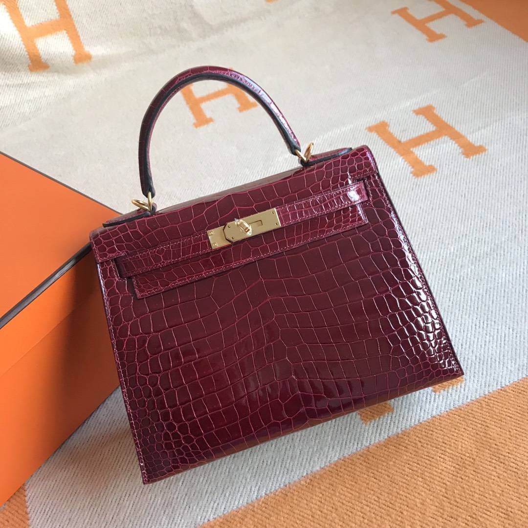 Sale Hermes Crocodile Shiny Leather Kelly28CM Bag in Bordeaux Red Gold Hardware