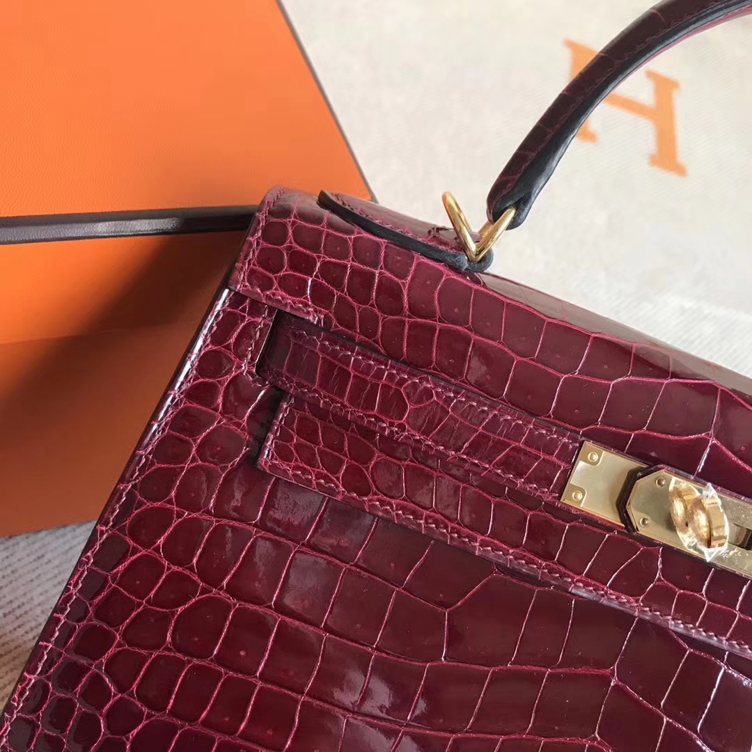 Sale Hermes Crocodile Shiny Leather Kelly28CM Bag in Bordeaux Red Gold Hardware