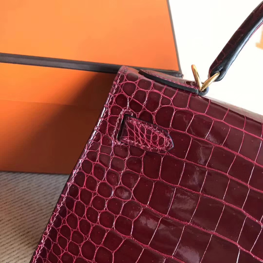 Sale Hermes Crocodile Shiny Leather Kelly28CM Bag in Bordeaux Red Gold Hardware