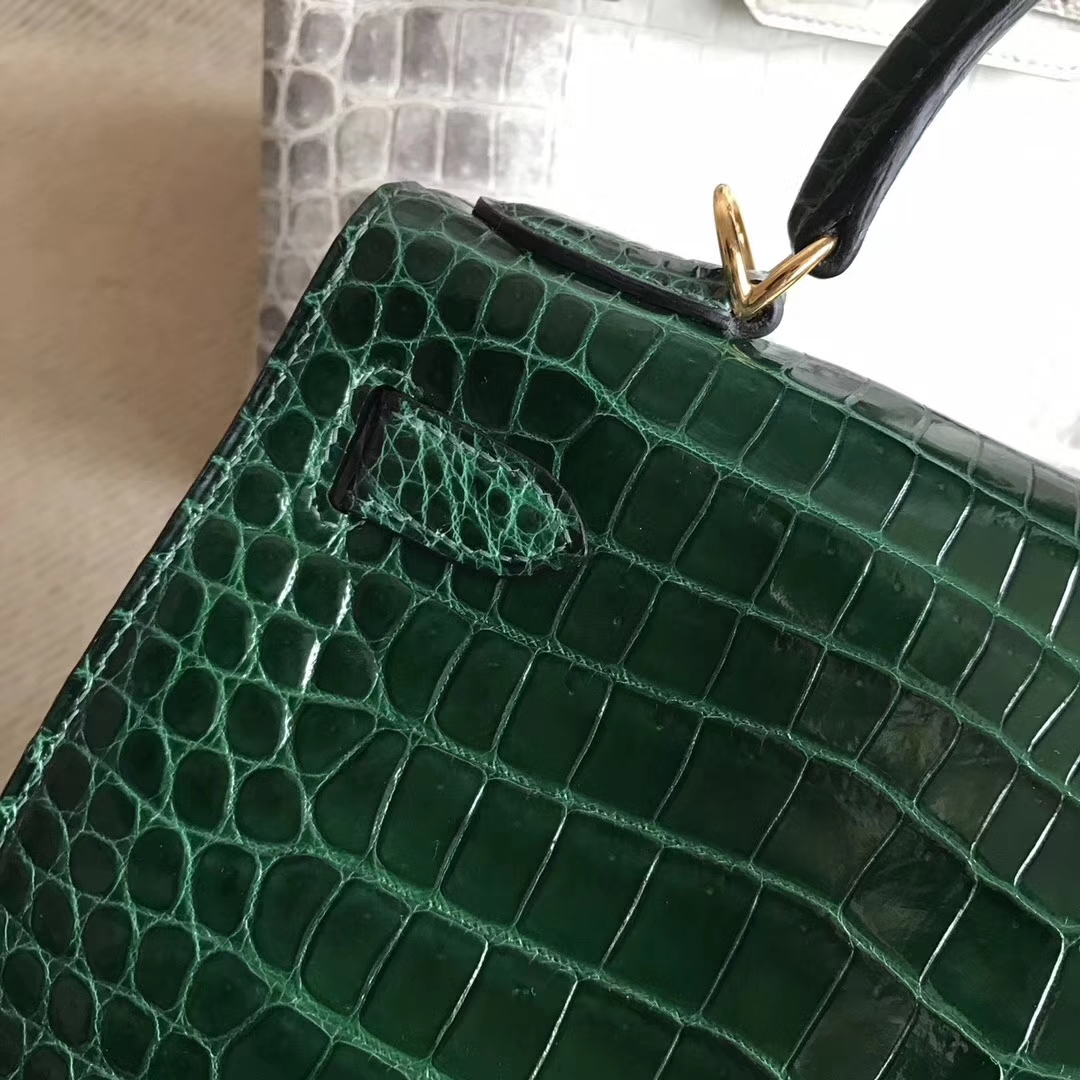 Elegant Hermes CK67 Vert Fonce Shiny Crocodile Leather Kelly28CM Bag Gold Hardware