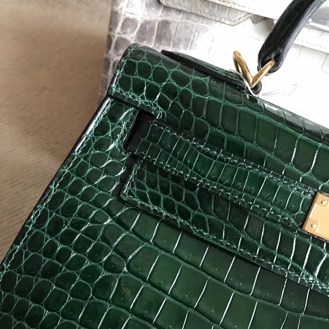Elegant Hermes CK67 Vert Fonce Shiny Crocodile Leather Kelly28CM Bag Gold Hardware
